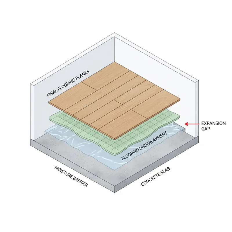 An infographic showing the correct layers for a flooring installation over concrete: the concrete slab, a moisture barrier, underlayment, and flooring planks, with an arrow pointing to the expansion gap at the wall.