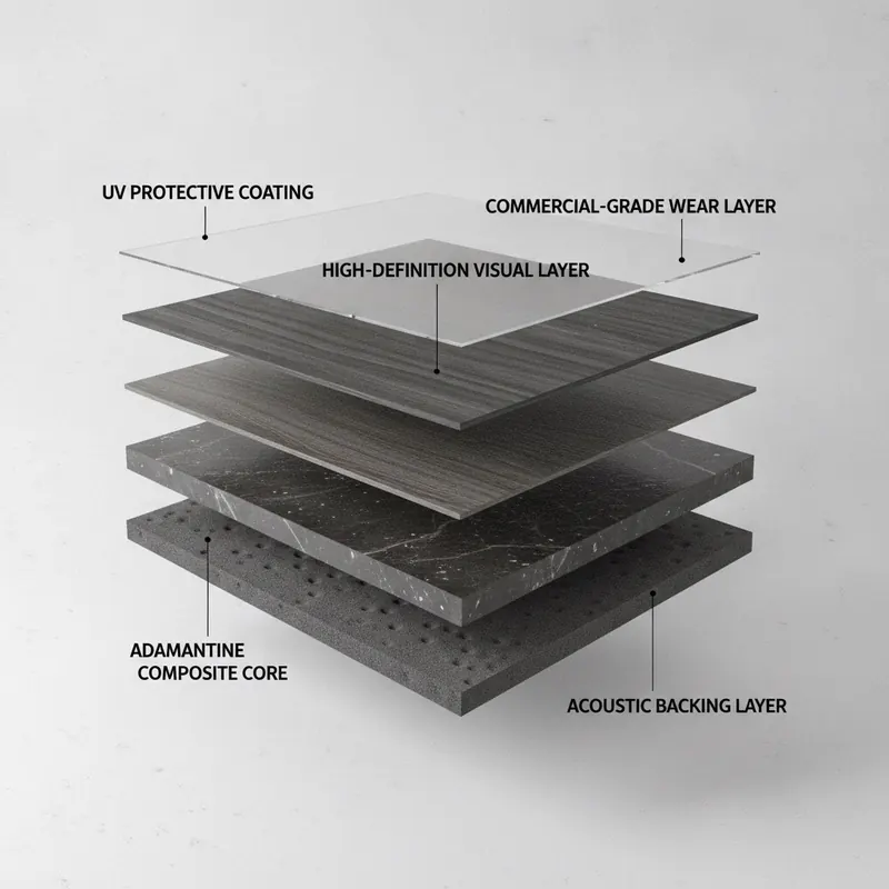 A 3D cross-section of an Adamantine flooring plank showing its five layers: UV coating, wear layer, visual layer, composite core, and backing layer.