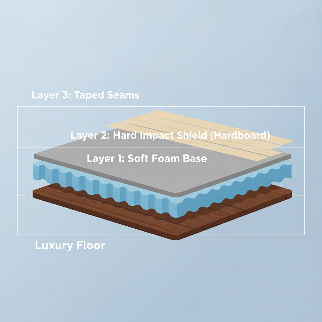 A clear, educational infographic-style illustration showing a cross-section of the multi-layer defense system for luxury floors. Each layer is distinctly visible and labeled: the bottom is the 'Luxury Floor,' followed by 'Layer 1: Soft Foam Base,' then 'Layer 2: Hard Impact Shield (Hardboard),' and finally 'Layer 3: Taped Seams.' The style is clean, modern, and uses a simple color palette to make the information easily digestible.