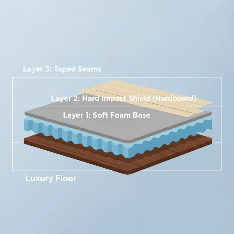 A clear, educational infographic-style illustration showing a cross-section of the multi-layer defense system for luxury floors. Each layer is distinctly visible and labeled: the bottom is the 'Luxury Floor,' followed by 'Layer 1: Soft Foam Base,' then 'Layer 2: Hard Impact Shield (Hardboard),' and finally 'Layer 3: Taped Seams.' The style is clean, modern, and uses a simple color palette to make the information easily digestible.