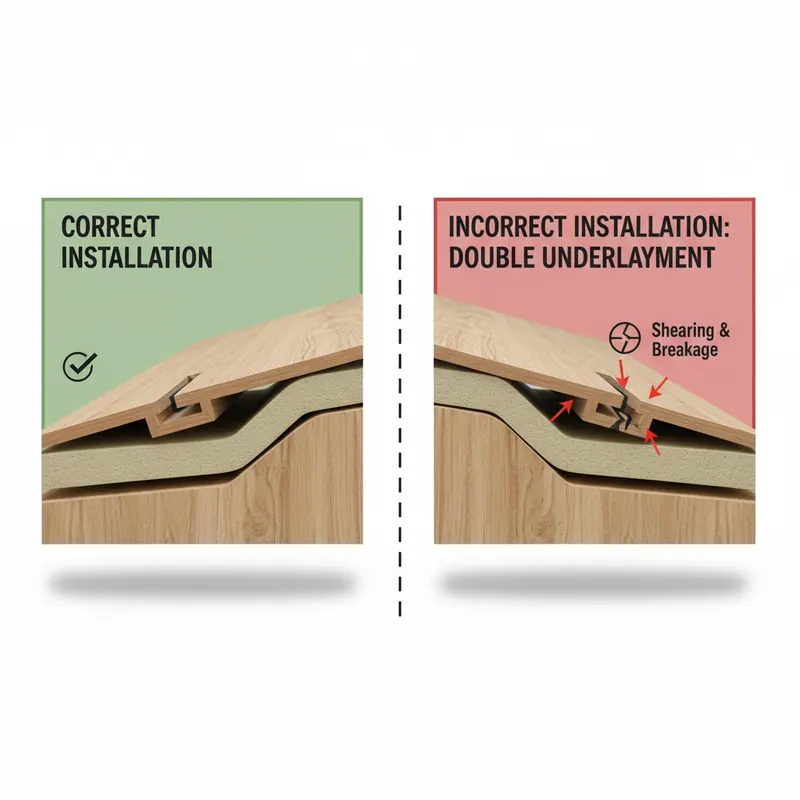 Diagram illustrating the danger of double underlayment, showing a correct installation with single underlayment versus an incorrect installation where double underlayment causes plank joints to shear.