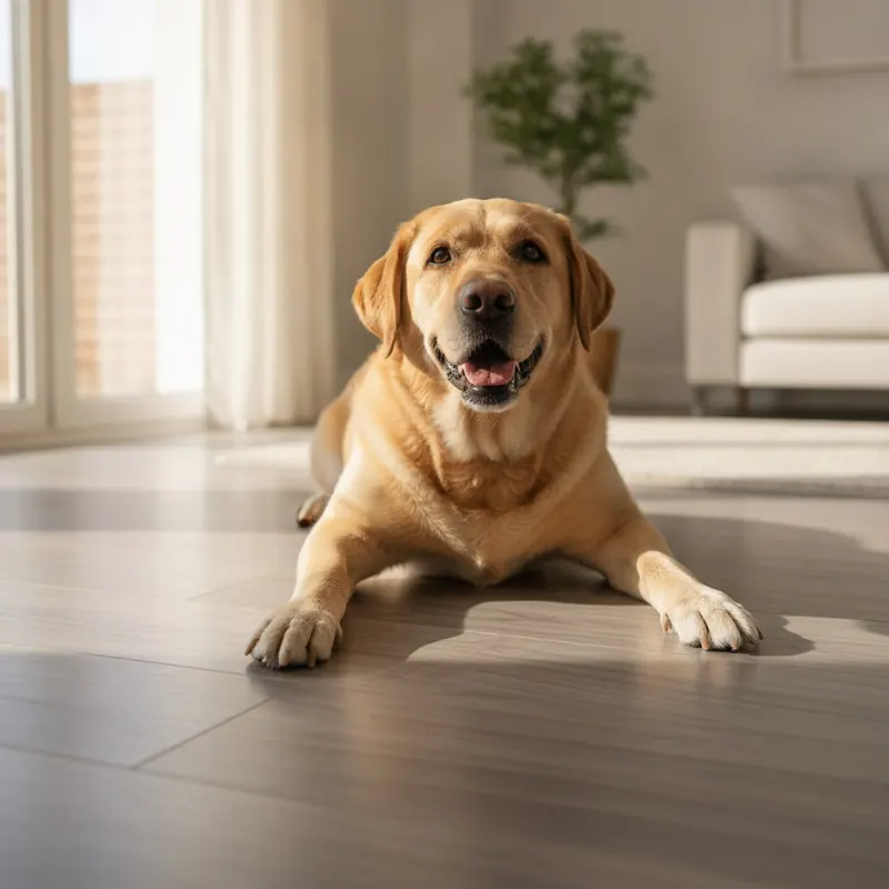 A happy Labrador dog lies comfortably on a modern, unscratched SPC vinyl plank floor, showcasing a pet-proof flooring solution.