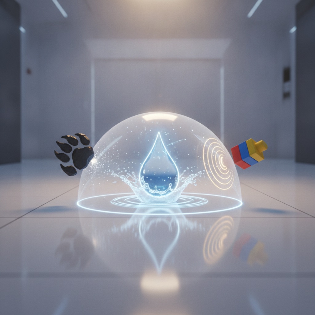 A powerful, conceptual image of a pristine porcelain tile floor with a transparent, glowing shield floating just above its surface. The shield is deflecting common household threats represented as icons: a dog's claw, a water droplet, and a falling toy. The scene conveys ultimate protection and invincibility.