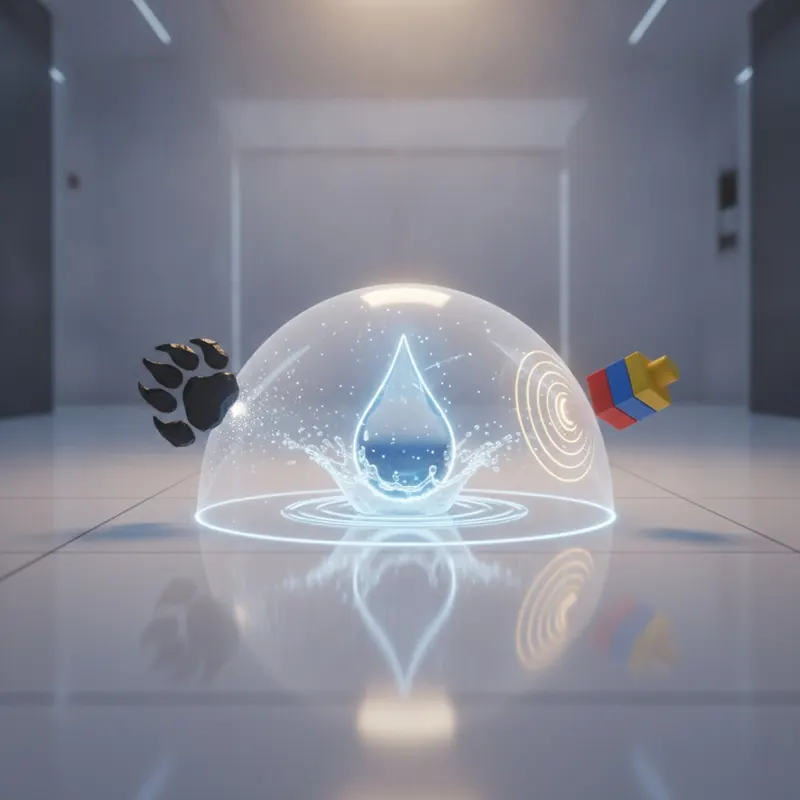 A powerful, conceptual image of a pristine porcelain tile floor with a transparent, glowing shield floating just above its surface. The shield is deflecting common household threats represented as icons: a dog's claw, a water droplet, and a falling toy. The scene conveys ultimate protection and invincibility.