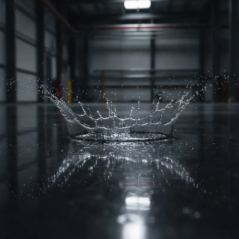 A splash of cleaning chemical being repelled by a dark, glossy epoxy-coated floor, showcasing its chemical-resistant properties.