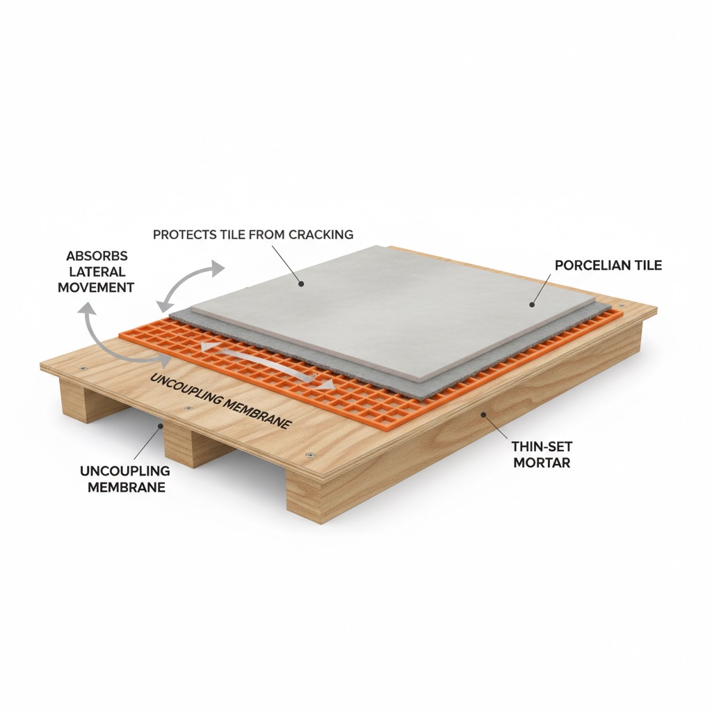 A technical illustration showing the layers of a tile installation: joist, subfloor, an orange uncoupling membrane, mortar, and tile. Arrows show the membrane absorbing subfloor movement to prevent cracks.