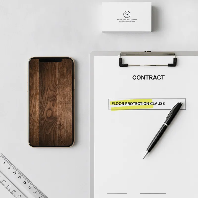A professional, clean flat-lay composition on a neutral background. A smartphone is prominently displayed, showing a clear, close-up photo of a hardwood floor's grain. Next to it lies a clipboard with a contract document where a section labeled 'Floor Protection Clause' is highlighted with a yellow marker, along with a pen. The scene conveys careful planning, documentation, and contractual diligence.
