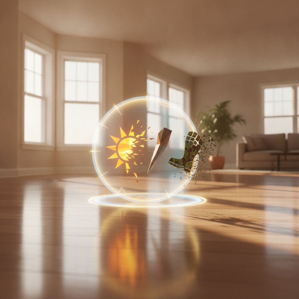 A pristine hardwood floor protected by a glowing shield deflecting threats like sunbeams, a sharp chair leg, and a muddy boot print.