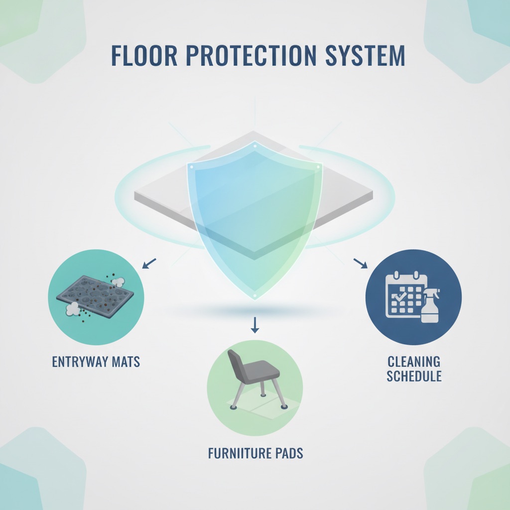 Infographic of a floor protection system with icons for an entryway mat, furniture pads, and a cleaning schedule.