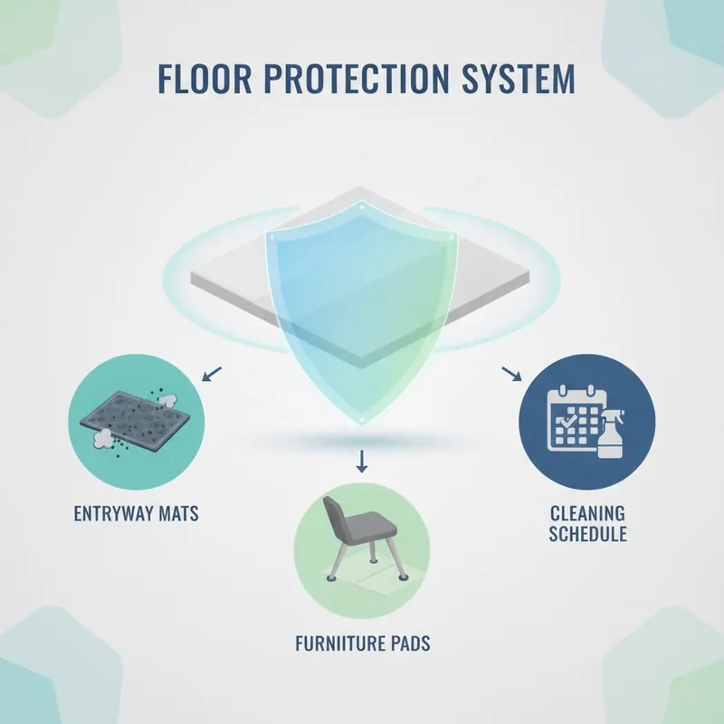 Infographic of a floor protection system with icons for an entryway mat, furniture pads, and a cleaning schedule.