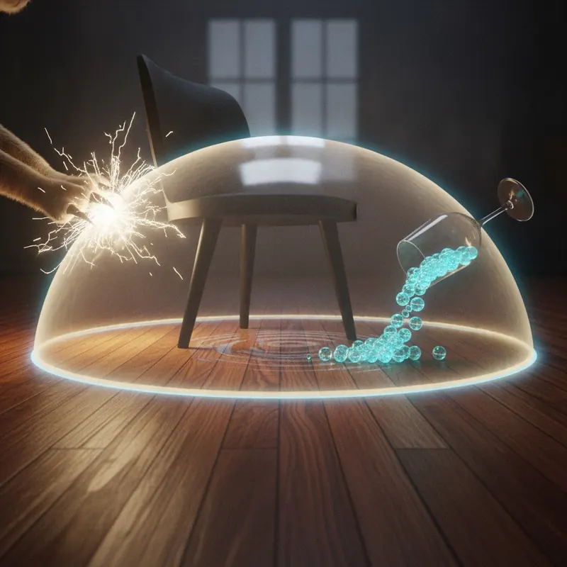 A conceptual illustration of a glowing shield protecting a wood-look floor from scratches from pet claws, a dragged chair, and spilled liquid.