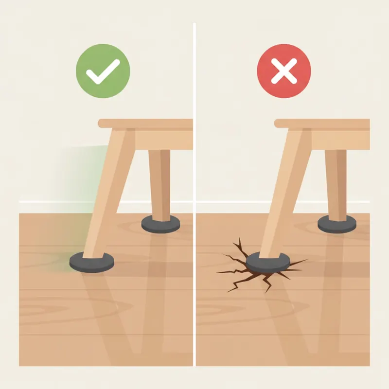 A clean, split-panel infographic in a flat design style. The left panel, marked with a green checkmark, shows a close-up of a wooden chair leg with a thick, clean felt pad gliding smoothly over a pristine hardwood floor. The right panel, marked with a red 'X', shows the same chair leg without a pad, creating a deep, damaging scratch on the floor. Use a simple, clear color palette (greens, reds, and natural wood tones) to make the 'do' and 'don't' instantly understandable.