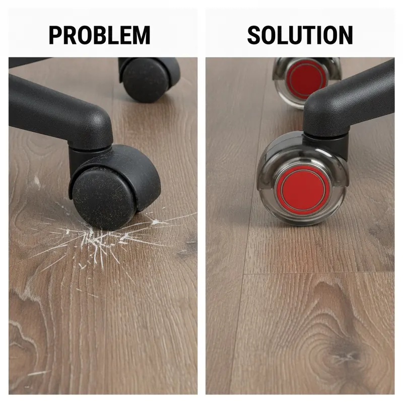 Split-panel image comparing a hard plastic caster damaging a floor to a soft polyurethane 'rollerblade style' wheel protecting it.
