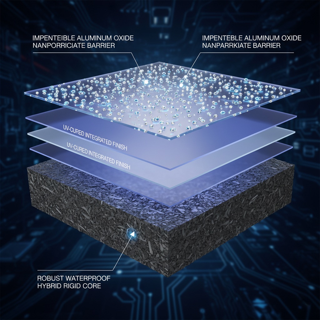 A highly detailed, magnified cross-section diagram of Adamantine flooring. Clearly show a dense, multi-layered structure. The bottom layer is a robust, waterproof hybrid rigid core. Above it, multiple transparent layers represent the UV-cured finish, deeply integrated into the material. The very top layer should prominently feature sparkling, microscopic aluminum oxide nanoparticles embedded within, like tiny, hard gems, forming an impenetrable barrier.