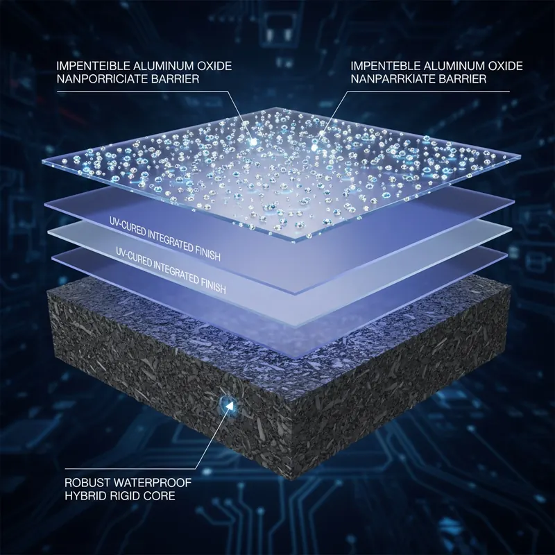 A highly detailed, magnified cross-section diagram of Adamantine flooring. Clearly show a dense, multi-layered structure. The bottom layer is a robust, waterproof hybrid rigid core. Above it, multiple transparent layers represent the UV-cured finish, deeply integrated into the material. The very top layer should prominently feature sparkling, microscopic aluminum oxide nanoparticles embedded within, like tiny, hard gems, forming an impenetrable barrier.