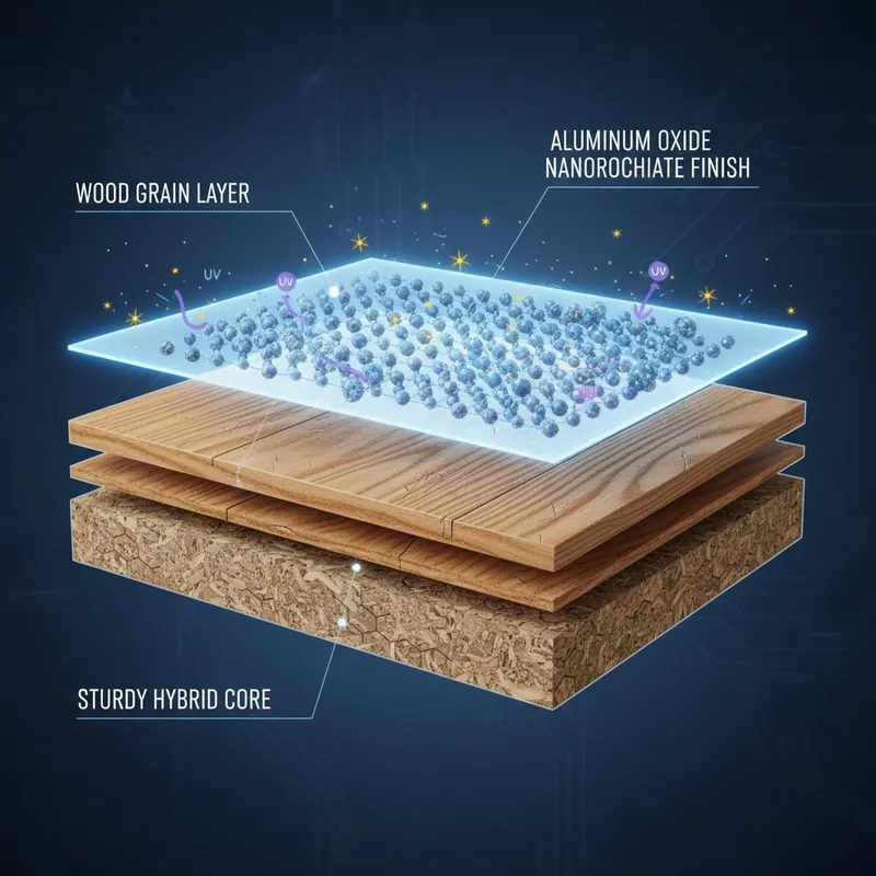 Cross-section diagram of an adamantine flooring plank, showing a hybrid core topped with a glowing aluminum oxide nanoparticle finish deflecting impacts and UV rays.