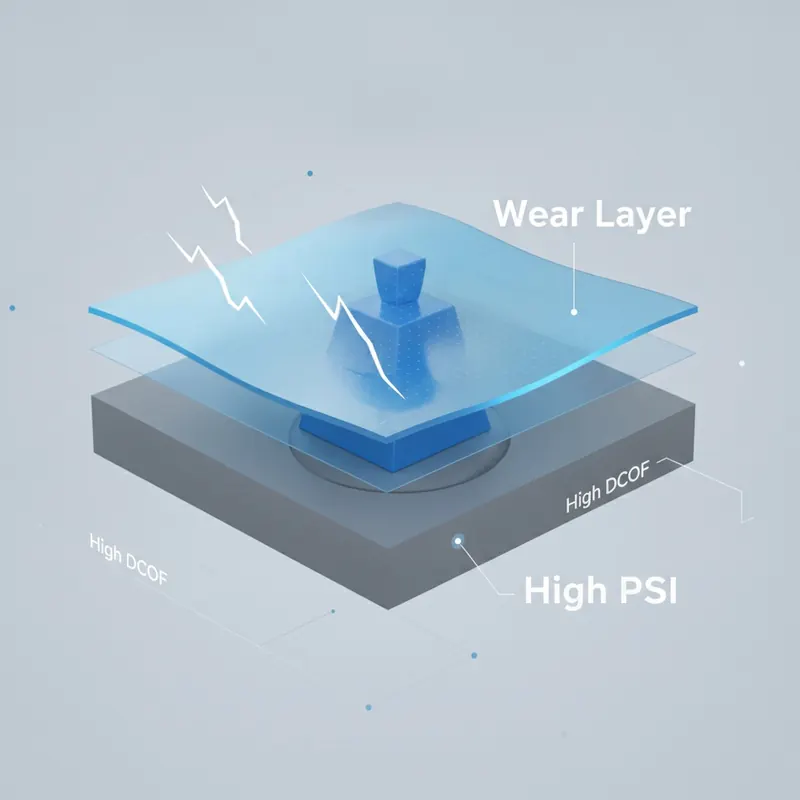 A 3D technical illustration of a commercial floor cross-section showing its wear layer, high PSI core, and high DCOF slip-resistant surface.