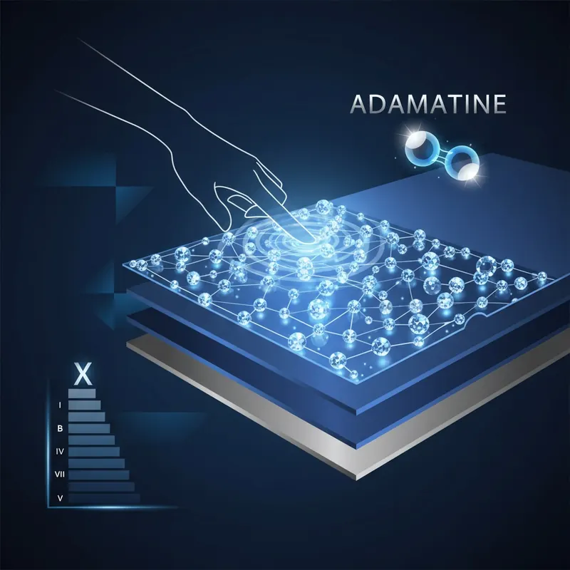 An abstract illustration depicting the molecular structure of adamantine flooring with diamond-like particles in the wear layer, symbolizing extreme durability and high Mohs hardness.