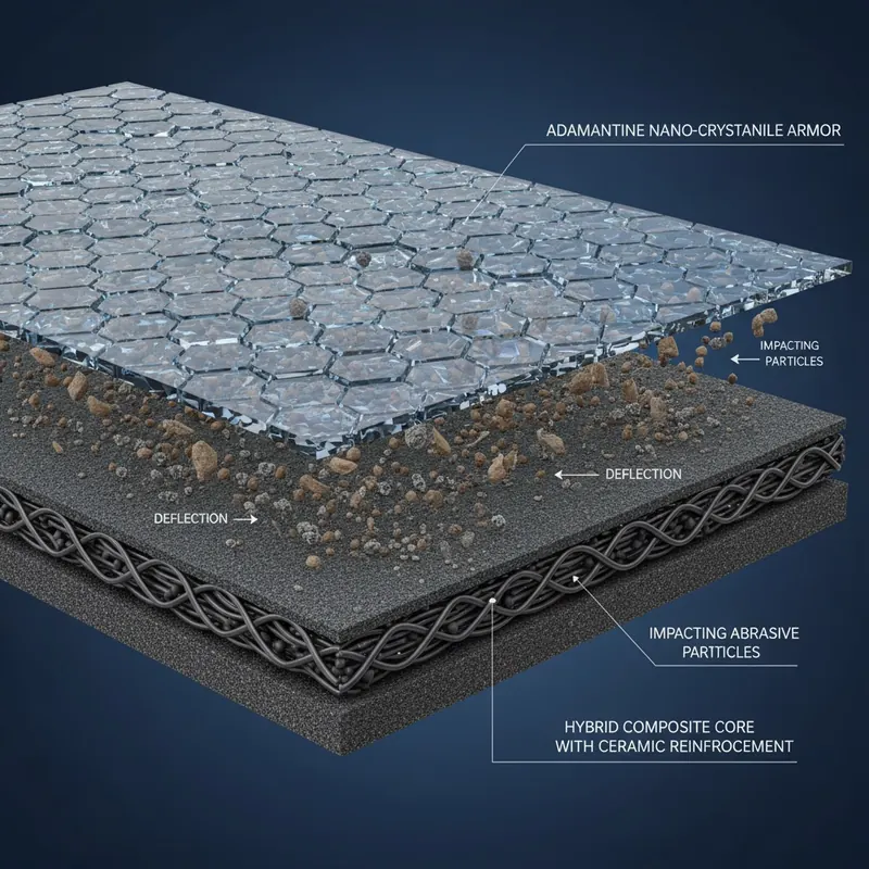 Highly magnified cross-section of Adamantine flooring showing a dense, crystalline aluminum oxide nanoparticle top layer protecting a hybrid core from abrasive particles, illustrating its durability.