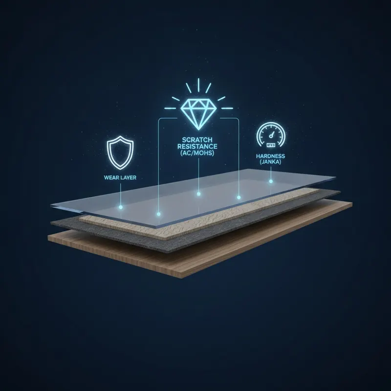 Technical illustration showing a cross-section of a durable flooring plank with icons representing durability metrics like scratch resistance and hardness.