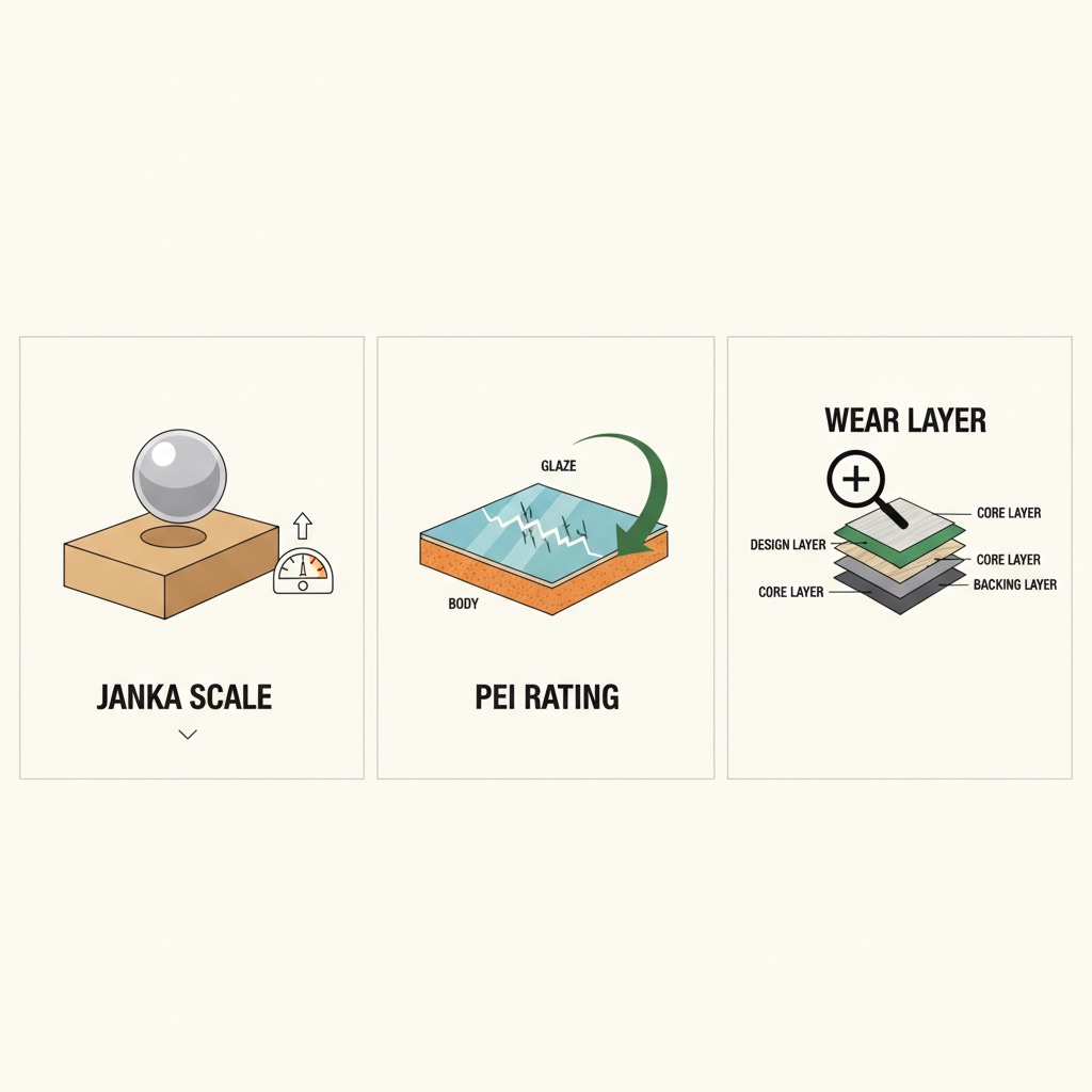 Infographic showing the science of floor durability with three panels: Janka Scale for wood hardness, PEI Rating for tile abrasion, and Wear Layer for vinyl plank protection.