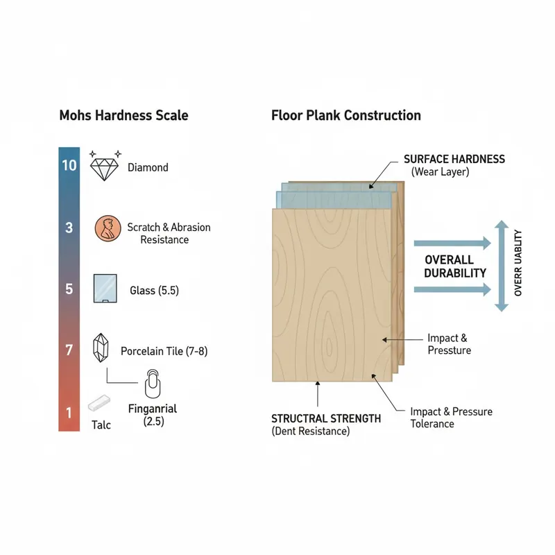 A clear, modern infographic-style illustration. On the left, a visual representation of the Mohs hardness scale, showing a gradient from 1 (soft, like talc) to 10 (hard, like diamond), with small, distinct icons or material examples placed along the scale (e.g., fingernail, glass, porcelain tile, diamond). On the right, a detailed cross-section diagram of a floor plank. This diagram clearly shows two distinct layers: a thin, transparent 'Surface Finish' layer (labeled 'Wear Layer' or 'Surface Hardness') on top, and a much thicker, dense 'Core Material' layer (labeled 'Structural Strength' or 'Dent Resistance') underneath, with arrows and text explaining their different roles in overall durability. Style: clean, flat design with clear labels and icons, educational and precise.