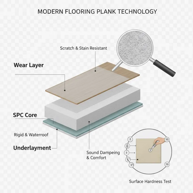 An educational infographic showing a cross-section of a flooring plank with layers labeled 'Wear Layer,' 'SPC Core,' and 'Underlayment,' explaining the science of durability.