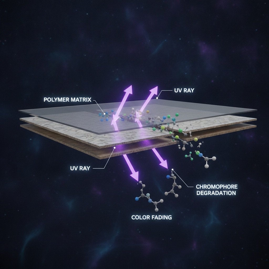 A scientific illustration showing UV rays as purple arrows breaking down the molecular bonds of chromophores in a flooring surface, causing them to lose color.