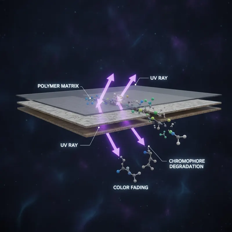 A scientific illustration showing UV rays as purple arrows breaking down the molecular bonds of chromophores in a flooring surface, causing them to lose color.