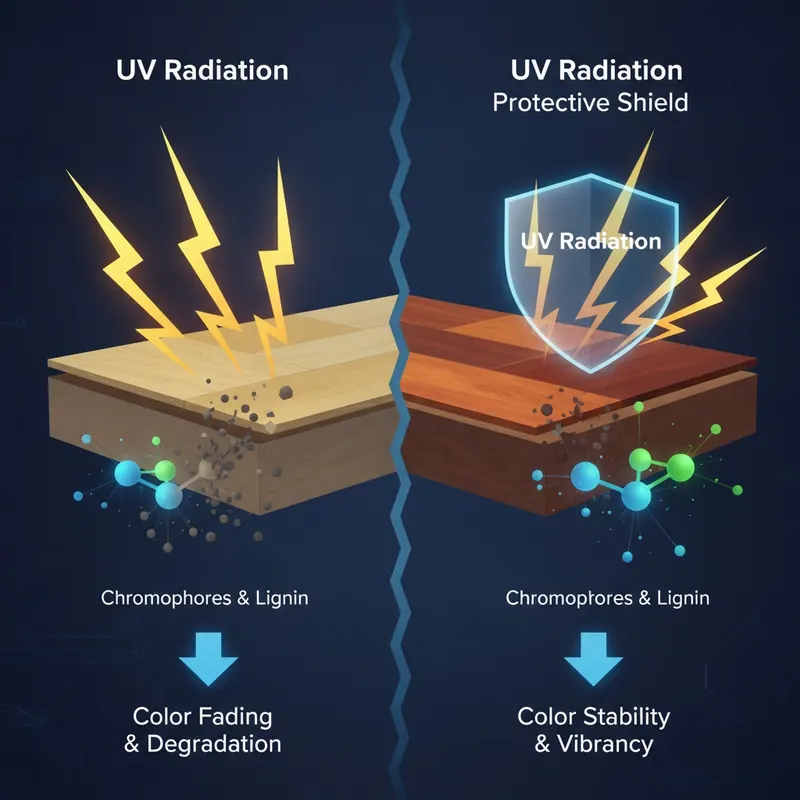 Infographic showing UV radiation damaging a floor's molecular structure versus a protective shield deflecting the rays and preserving the floor's color.