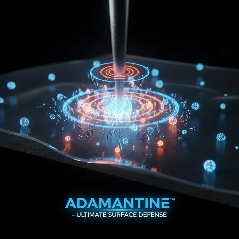 A dramatic, microscopic close-up view of a flooring surface. The image shows glowing, microscopic ceramic beads and aluminum oxide particles embedded in a clear, tough finish, deflecting a sharp object that is trying to scratch the surface. The scene has a high-tech, scientific feel, illustrating the power of advanced protective finishes like Adamantine™.