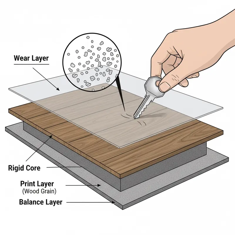 A detailed cross-section illustration of a multi-layered durable flooring plank (e.g., LVT or laminate). The top layer, clearly labeled 'Wear Layer', is transparent and shows microscopic aluminum oxide particles embedded within it. A human hand is gently pressing a house key against the surface of the wear layer, demonstrating a 'scratch test' where the key's tip is visibly deflecting or sliding without leaving a mark. Style: technical illustration, clean lines, informative.