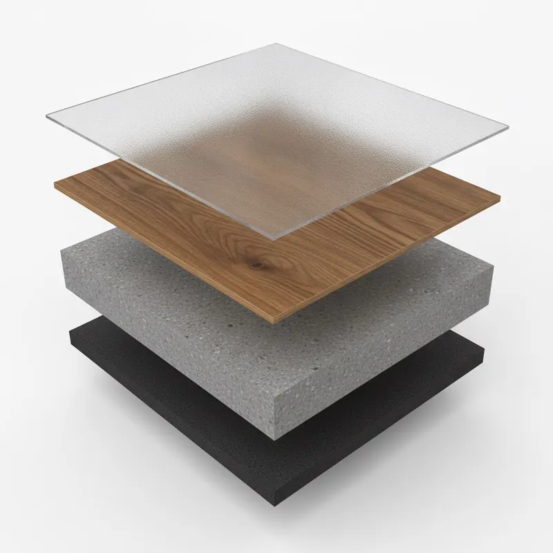 A cross-section illustration of a rigid core luxury vinyl plank, showing its multiple layers: wear layer, decorative layer, SPC rigid core, and underlayment pad.
