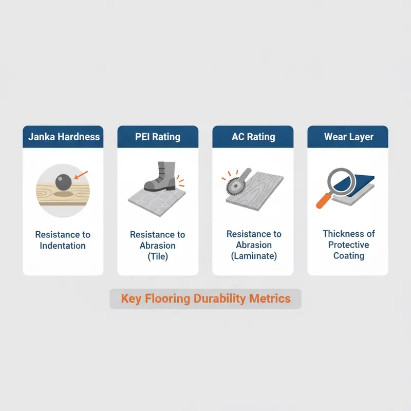 Infographic illustrating flooring durability metrics with icons for Janka Hardness, PEI Rating, AC Rating, and Wear Layer.