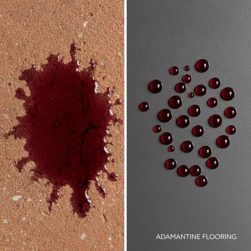 Comparison of surfaces: red liquid soaking into a porous floor versus beading up on a non-porous Adamantine floor.
