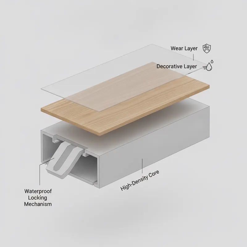 Exploded cross-section view of an Adamantine flooring plank, showing the wear layer, decorative layer, high-density core, and waterproof locking mechanism.