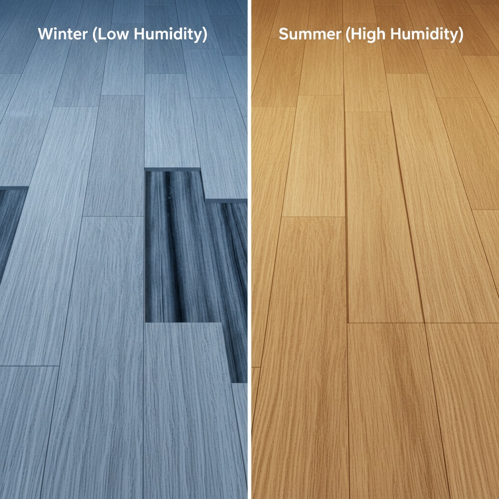 A split-panel diagram showing hardwood floors. The left side, 'Winter,' has gaps between planks due to low humidity. The right side, 'Summer,' shows planks tightly pressed together from high humidity.