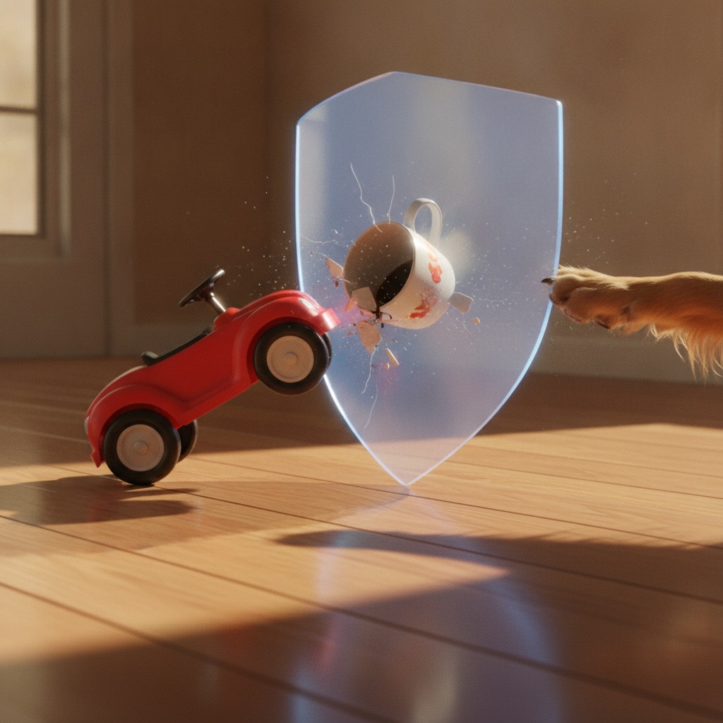 A glowing shield hovers over a pristine modern floor, deflecting a falling mug, a toy car, and a dog's claw, symbolizing ultimate flooring protection.