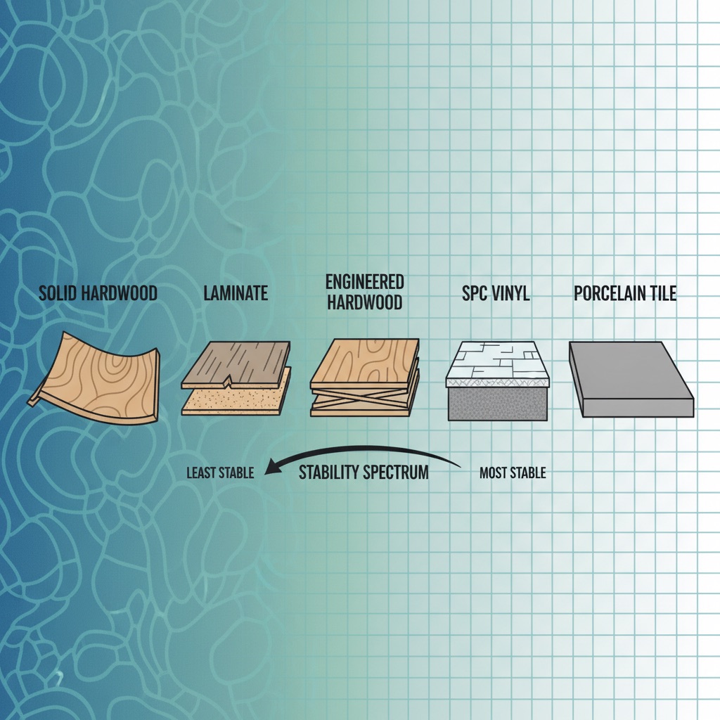 An infographic showing a spectrum of flooring stability, from least stable (warped solid hardwood) to most stable (perfectly flat porcelain tile), with laminate, engineered hardwood, and SPC vinyl in between.
