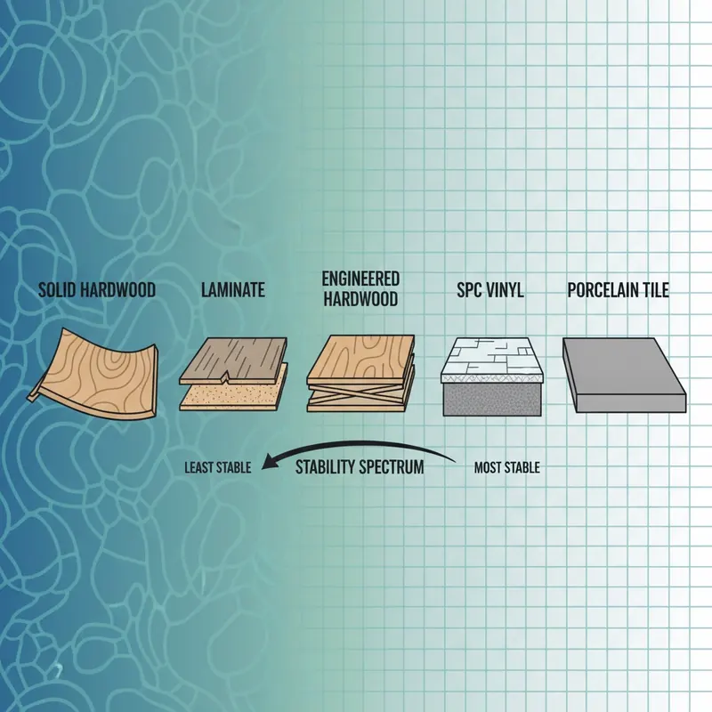 An infographic showing a spectrum of flooring stability, from least stable (warped solid hardwood) to most stable (perfectly flat porcelain tile), with laminate, engineered hardwood, and SPC vinyl in between.