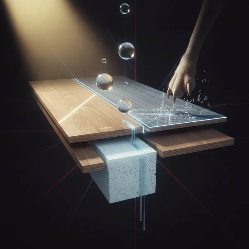 A 3D cross-section of a flooring plank being attacked by a sunbeam, water droplets, and a pet claw, illustrating the common enemies of flooring.
