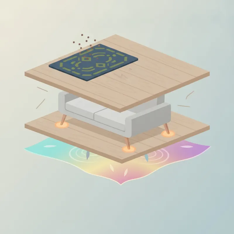 A conceptual illustration showing three layers of defense protecting a beautiful, modern floor. The first layer is a doormat at an entryway stopping dirt particles. The second layer shows glowing felt pads under furniture legs. The third layer is a shimmering, transparent shield hovering just above the floor, representing the protective wear layer. Style: clean, modern flat design with vibrant, reassuring colors, slightly abstract.