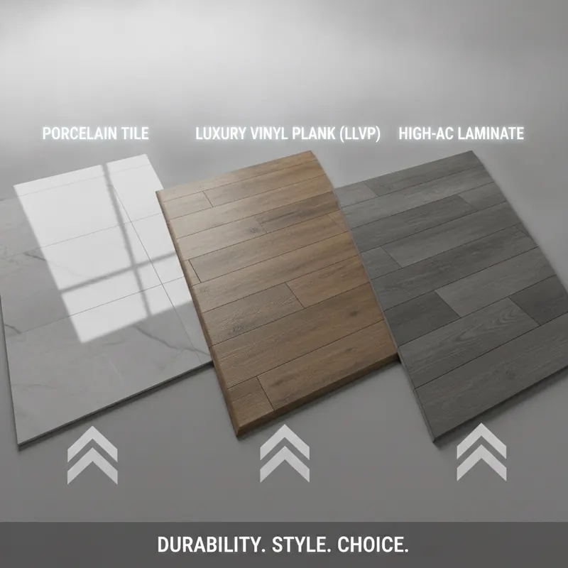 Side-by-side comparison of durable flooring types: porcelain tile, luxury vinyl plank (LVP), and high-AC laminate.