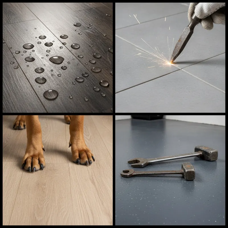 A four-panel grid showcasing durable flooring contenders: Luxury Vinyl Plank with water, scratch-resistant porcelain tile, laminate with dog paws, and an industrial epoxy floor.