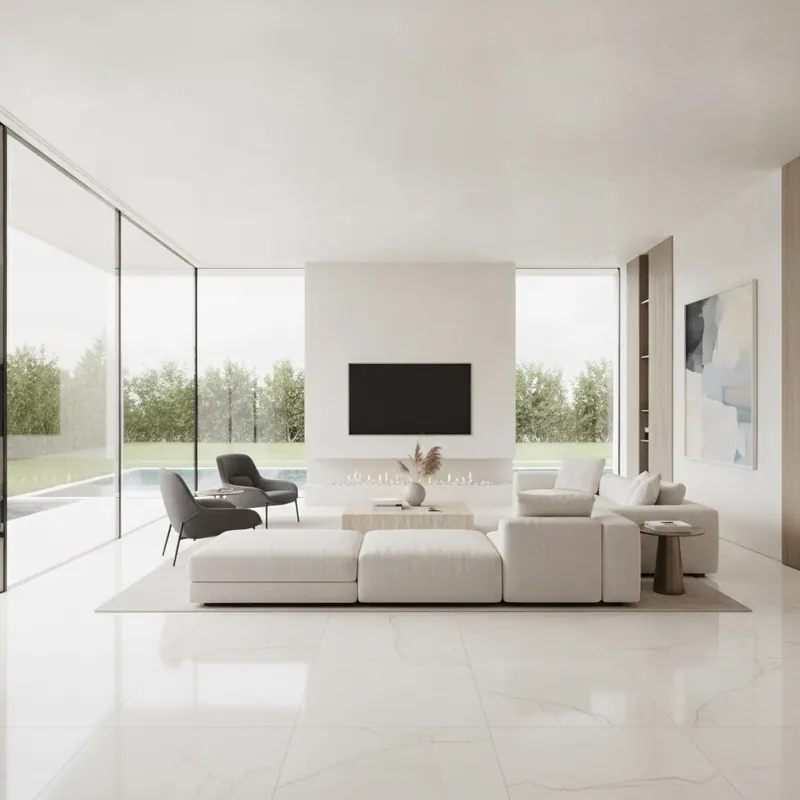 A luxurious, sunlit living room with large windows and pristine, modern porcelain tile flooring that is completely unaffected by the sunlight.
