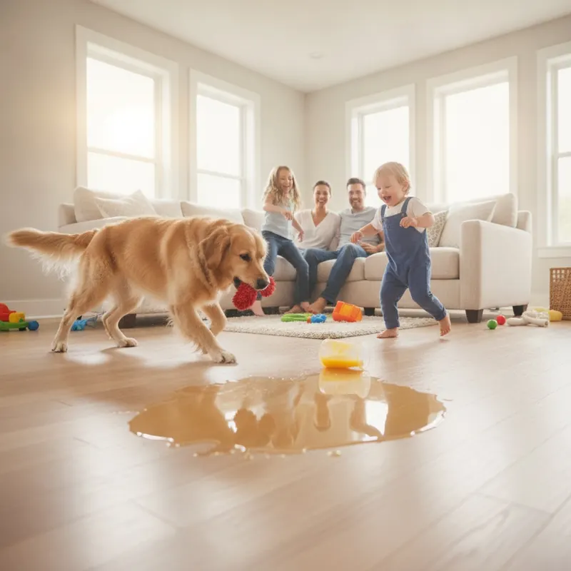 A photorealistic, low-angle shot of a beautiful, modern living room floor. In the midst of happy family chaos, a golden retriever is skidding to a stop with a toy and a toddler has just spilled a cup of juice. The floor remains pristine and unmarked, with the liquid beading up on the surface, showcasing its scratch and water resistance.