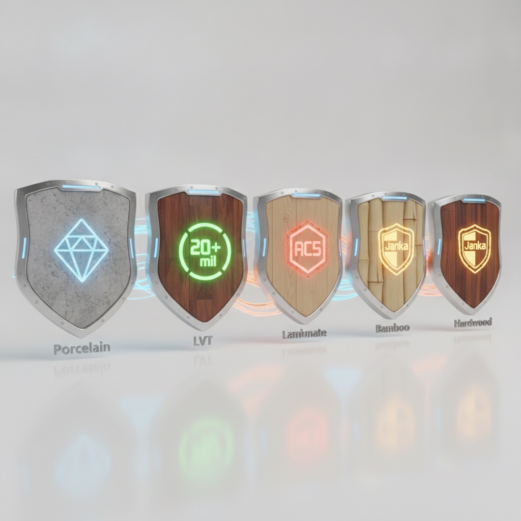 The Ultimate Floor Durability Scorecard, showing five shield icons for Porcelain, LVT, Laminate, Bamboo, and Hardwood, each with a symbol for its durability metric like Mohs, mil wear layer, AC rating, and Janka.
