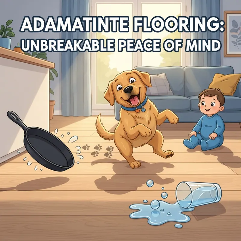 A vibrant illustration of a 'torture test' for durable flooring, showing a large dog skidding without scratches, a cast iron pan fallen without denting, and spilled water beading on the surface, emphasizing resilience.