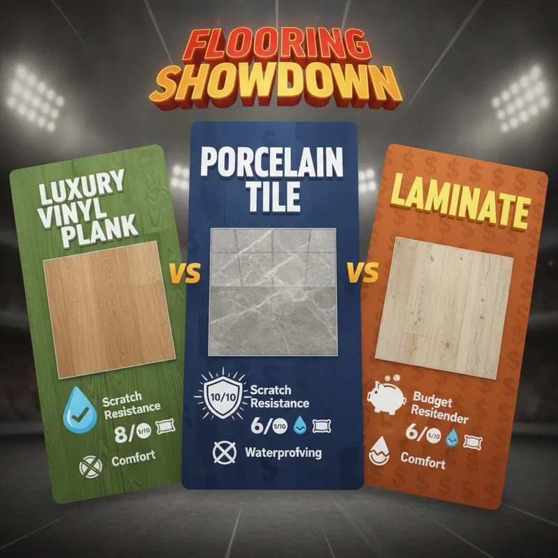Showdown graphic comparing LVP, Porcelain Tile, and Laminate flooring on durability, waterproofing, and comfort.