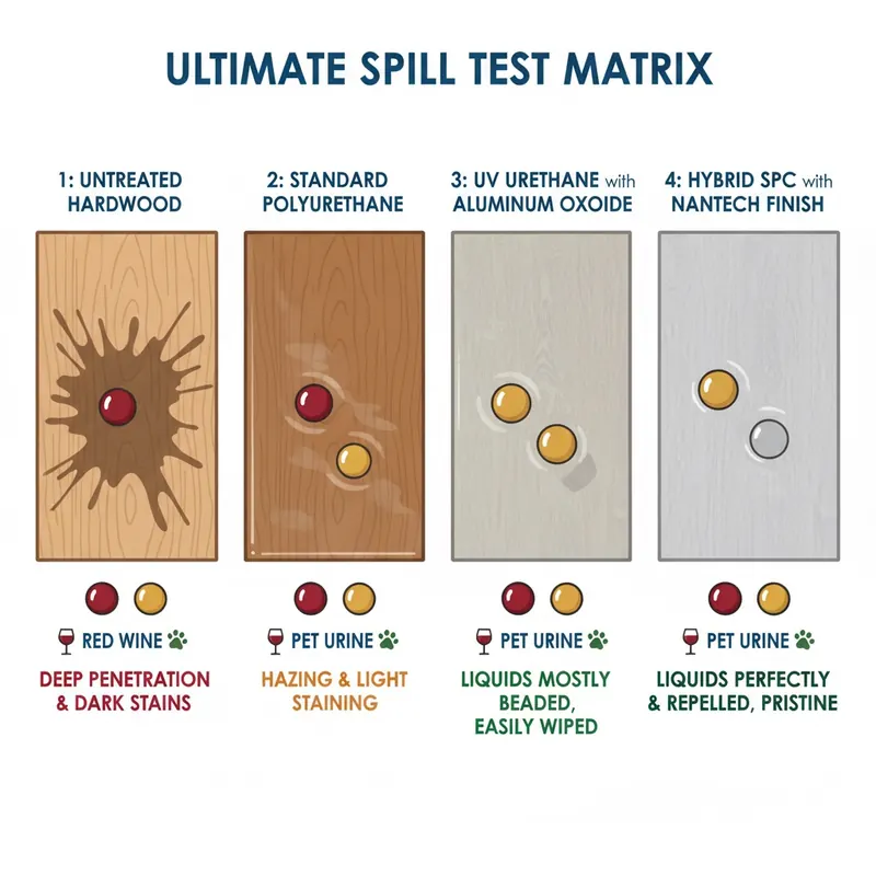 A four-panel infographic comparing spill test results on different flooring types: untreated, standard polyurethane, UV urethane with aluminum oxide, and hybrid SPC with nanotech finish.